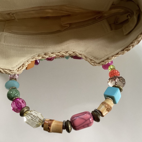 Cappelli Straworld Purse Handbag Round Beaded Jewel Handles Beige/Gold Lined - Picture 11 of 14